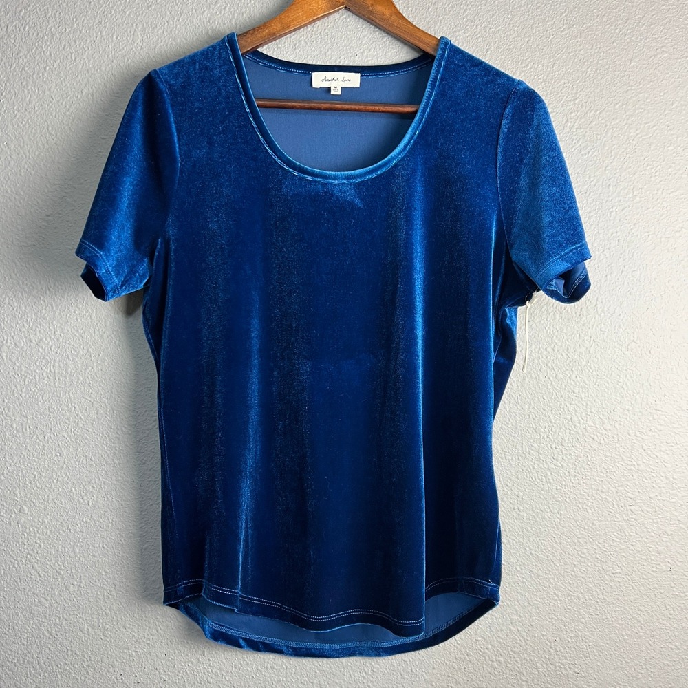 Another Love Aimee Ultamarine Velvet Top Short Sleeve Scoop Neck Casual Size L